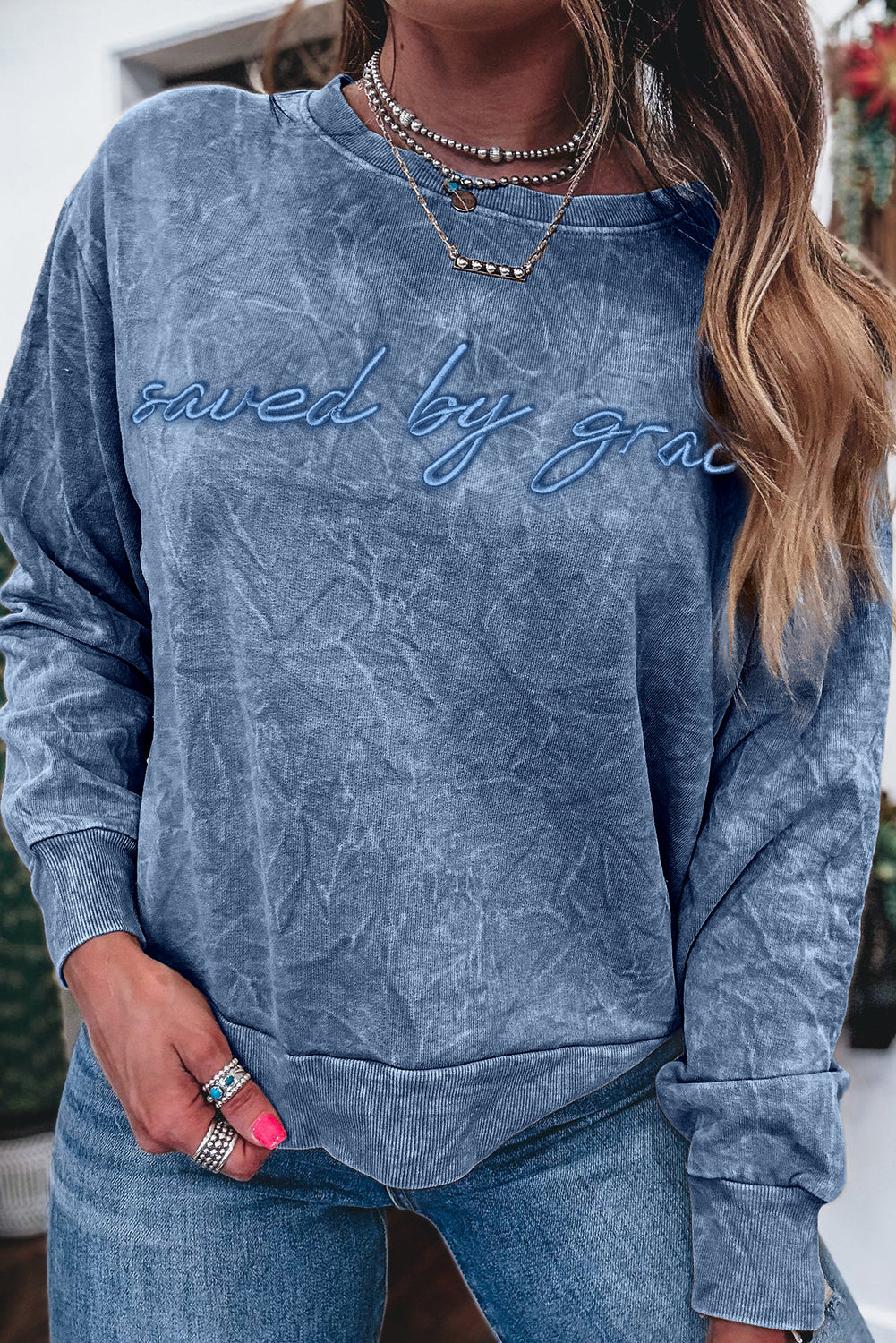 Real Teal saved by grace Letter Embroidery Mineral Wash Loose Sweatshirt