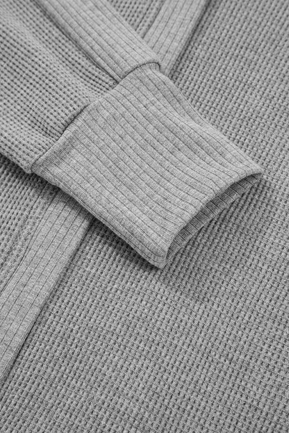 Gray Waffle Splicing Zip Up Front Button Hooded Jacket