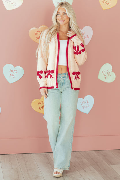 Apricot Bow Pattern Textured Open Front Baggy Cardigan