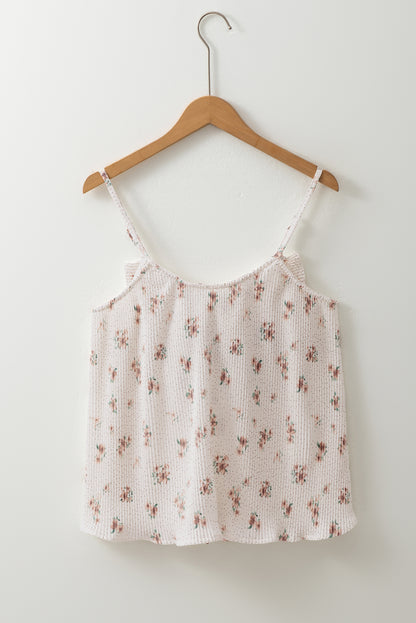 White Floral Pleated Big Bow Back Spaghetti Straps Tank Top