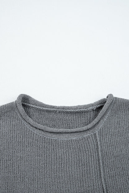 Medium Grey Raw Edge Uneven Hem Patchwork Drop Shoulder Sweater