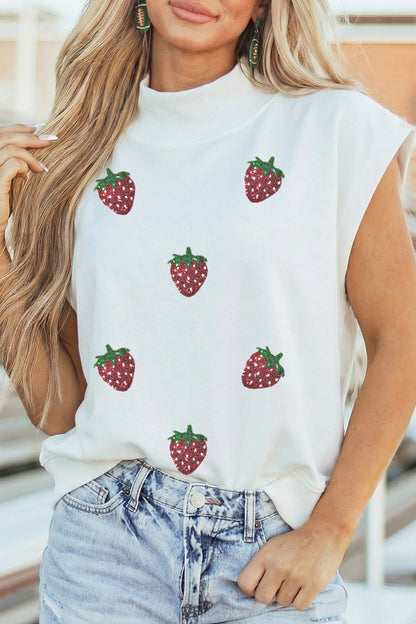 White Sequin Strawberry Graphic Mock Neck Short Sleeve Top