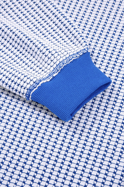 Dark Blue Waffle Knit Exposed Stitching Casual Top with Side Slits