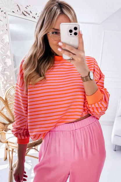Orange Stripe Drop Shoulder Crew Neck Loose Sweatshirt