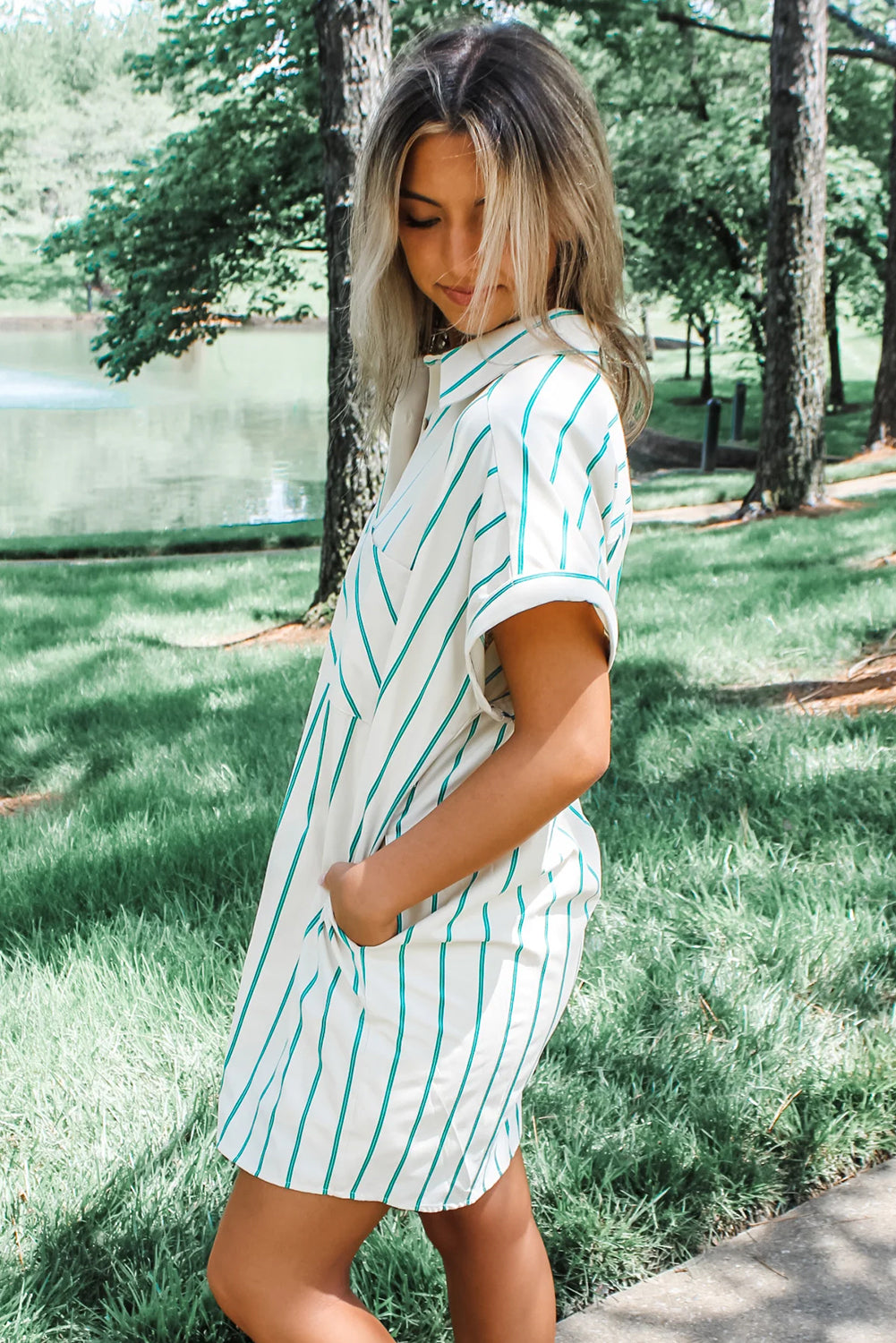 Mint Green St Patricks Striped Wide Short Sleeve Shift Mini Shirt Dress