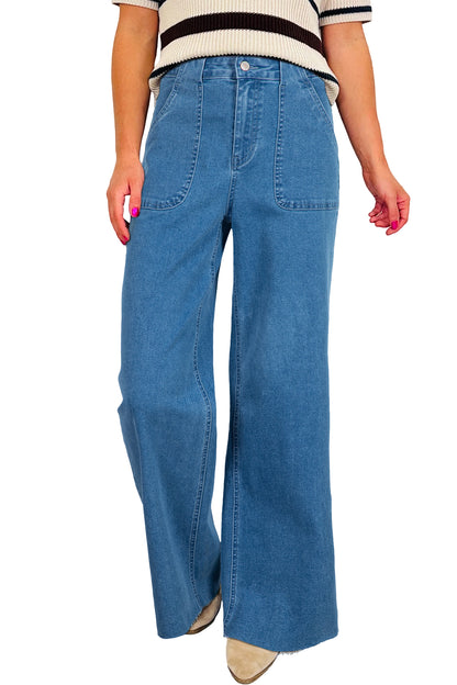 Dusk Blue Retro Washed Patch Pocket Loose Jeans