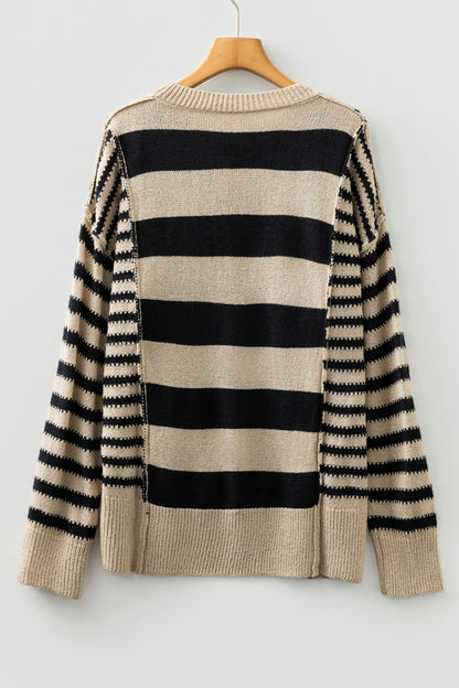 Black Stripe Drop Shoulder Sleeve Patchwork Baggy Sweater