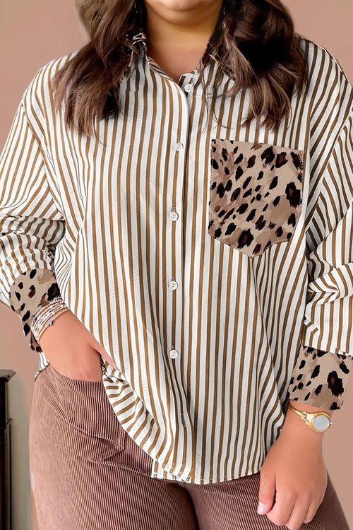 Brown Stripe Leopard Patched Collared Chest Pocket Cuffed Long Sleeve Plus Size Shirt