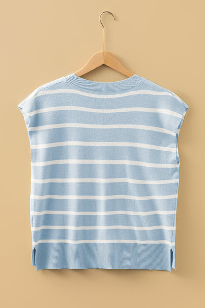 Beau Blue Side Slits Crewneck Short Sleeve Sweater Tee