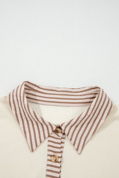 Khaki Stripe Plus Size Color Block Patchwork Half Button Long Sleeve Peplum Blouse