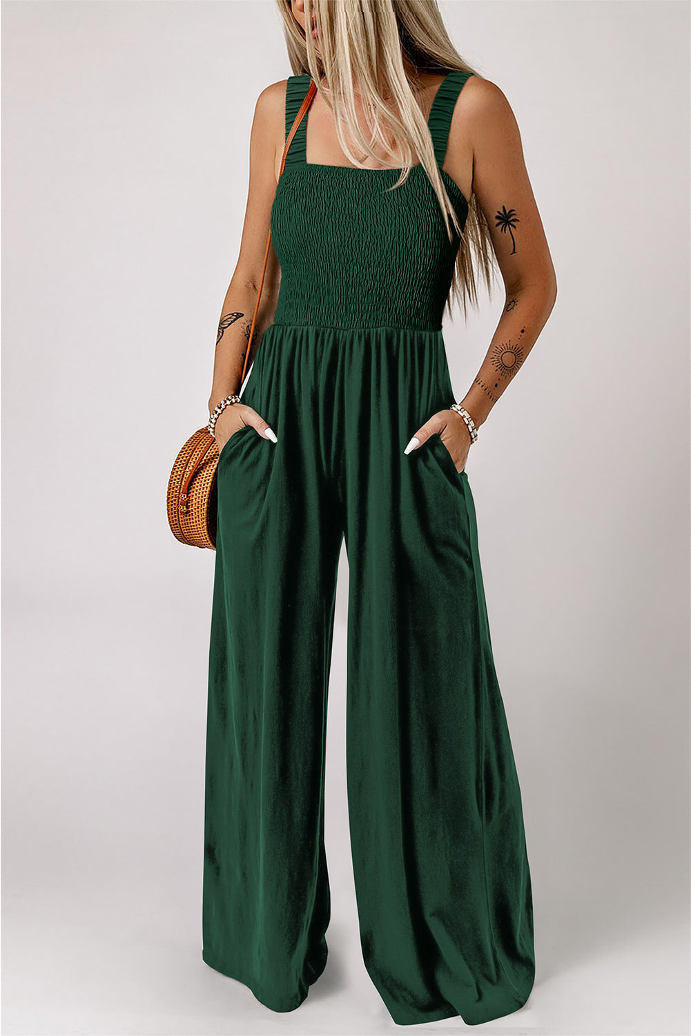 Black Smocked Sleeveless Wide Leg Jumpsuit with Pockets