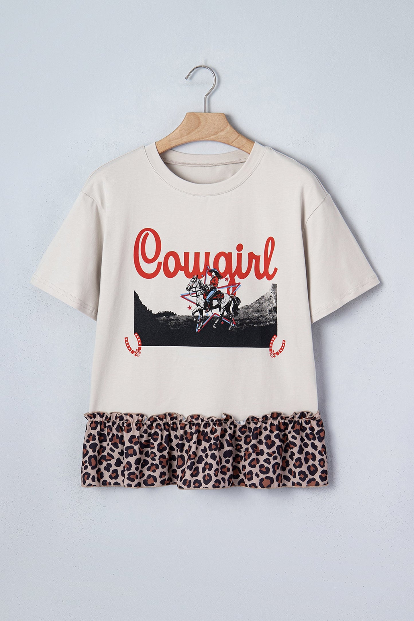 White Retro COWGIRL Print Leopard Ruffle Hem Patchwork T Shirt