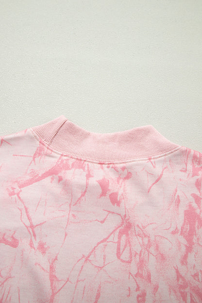 Pink Mock Neck Pullover and Shorts Camo Set