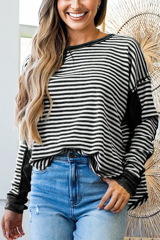 Khaki Stripe Thermal Knit Drop Shoulder Casual Top