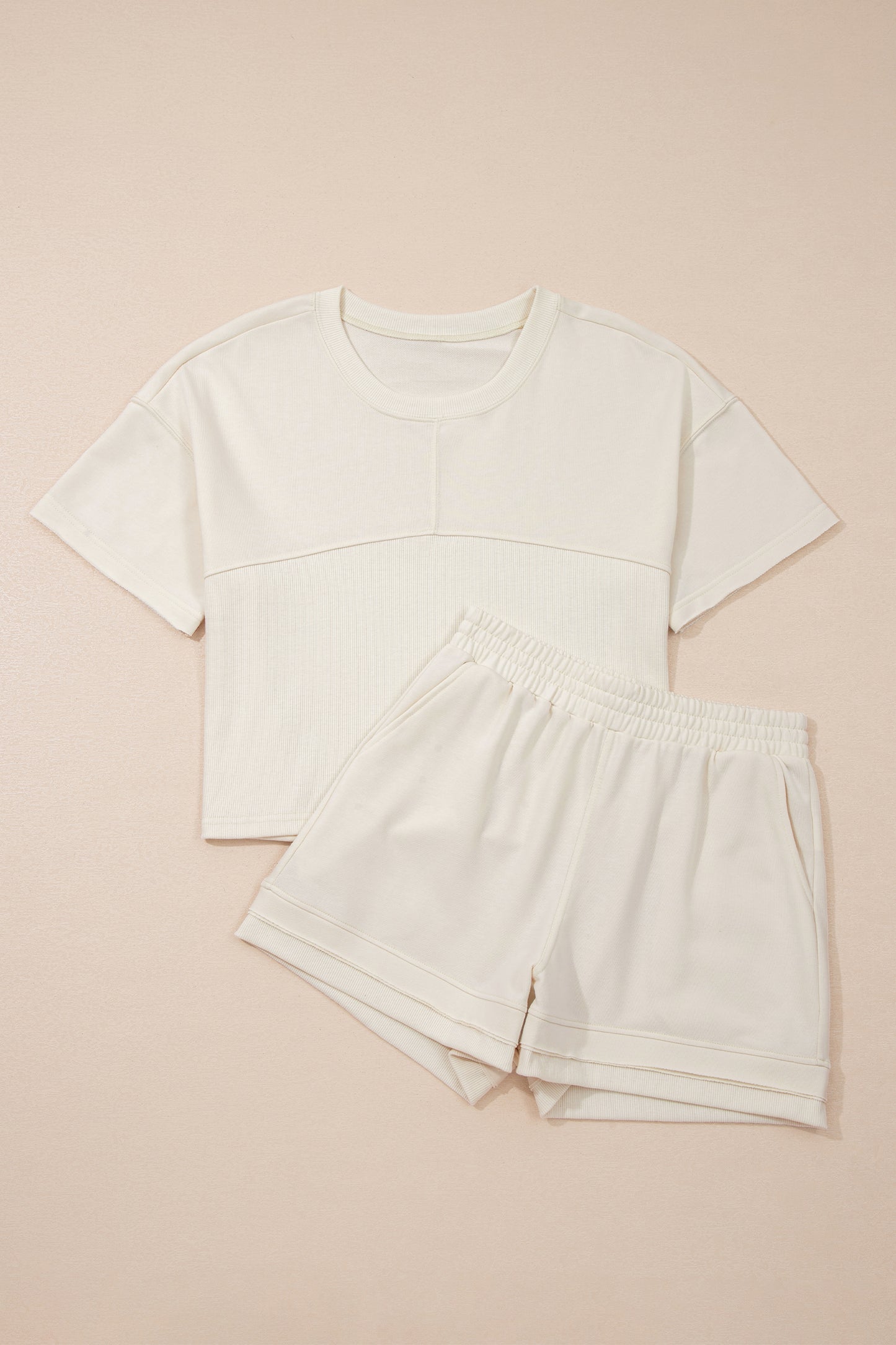 Jet Stream Solid Color Contrast Textured Patchwork Raw Edge 2pcs Short Set