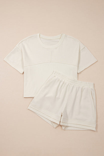 Jet Stream Solid Color Contrast Textured Patchwork Raw Edge 2pcs Short Set