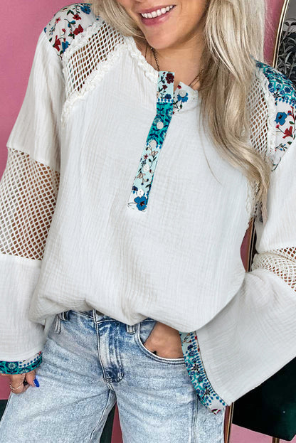 White Plant Mesh Patched Color Block Half Button Blouse