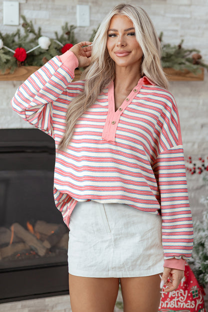 Red Stripe Buttoned V Neck Collared Drop Shoulder Top