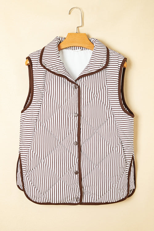 Brown Stripe Snap Button Scalloped Hem Collared Winter Vest