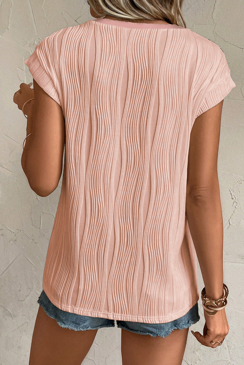 Pink Wavy Textured Button V Neck Tee