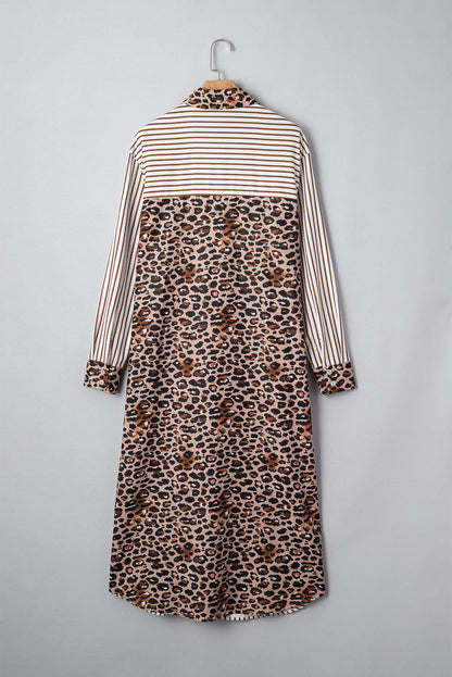 Brown Stripe Contrast Leopard Patchwork Long Shirt Dress with Slits