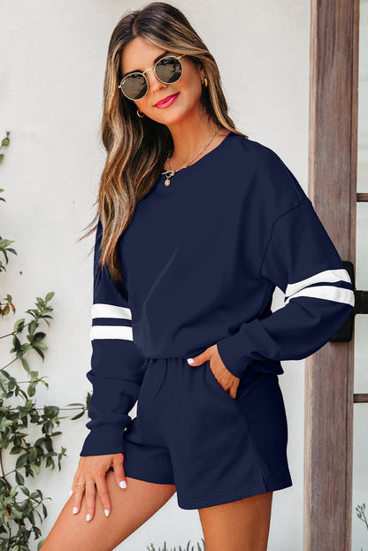 Navy Blue Varsity Striped Sleeve Drop Shoulder Sweatshirt and Short Set