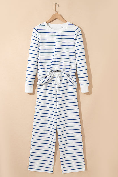 Sail Blue Striped Long Sleeve Top Drawstring Wide Leg Pants 2pcs Outfit