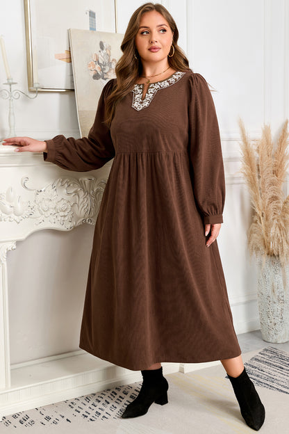 Coffee Embroidered Notched Neckline Textured Pleated High Waist Plus Size Midi Dress