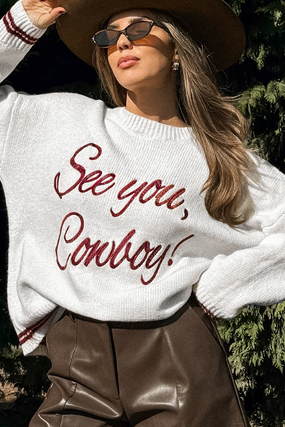 Light Grey See You Cowboy Embroidered Western Graphic Sweater