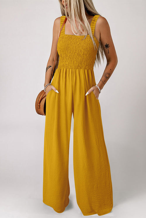 Ginger Smocked Sleeveless Wide Leg Jumpsuit with Pockets