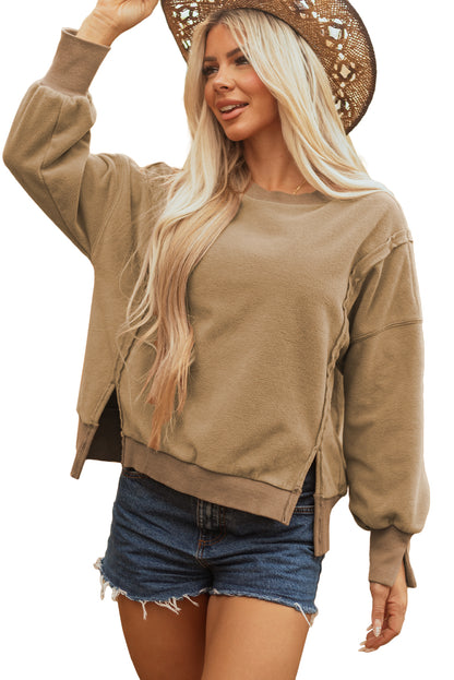 Dark Khaki Fuzzy Sherpa Splicing Pullover Sweatshirt with Side Slit