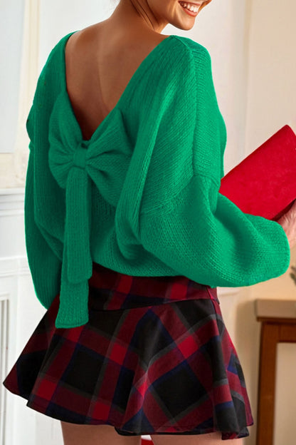 Fiery Red Festive Bow Backless Bubble Sleeve Sweater