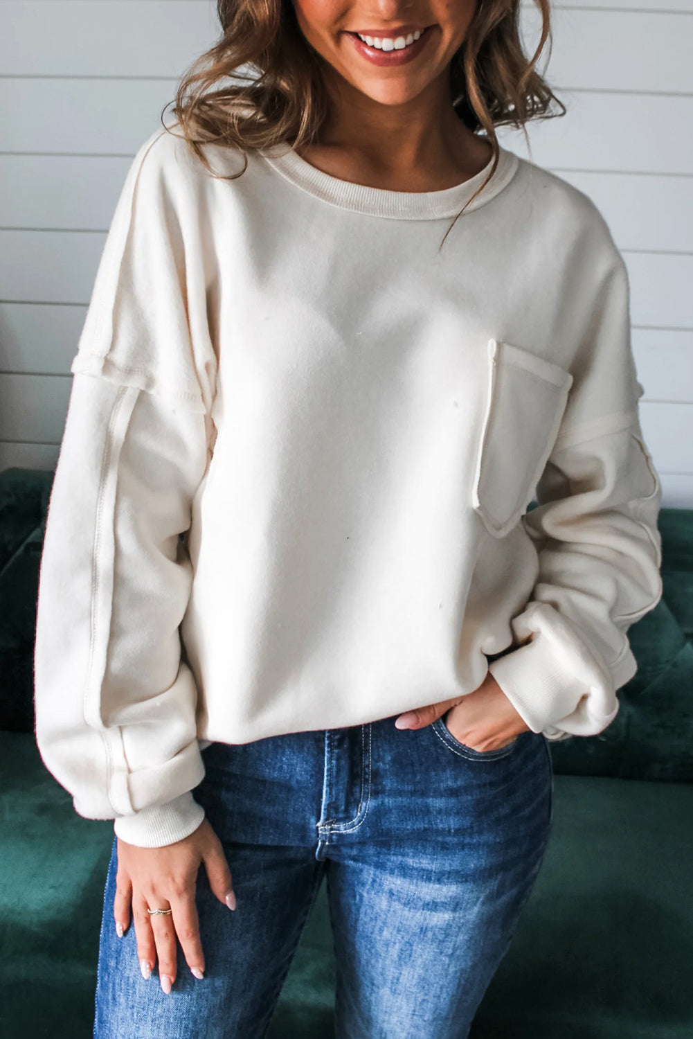White Exposed Seam Chest Pocket Knit Pullover Sweatshirt