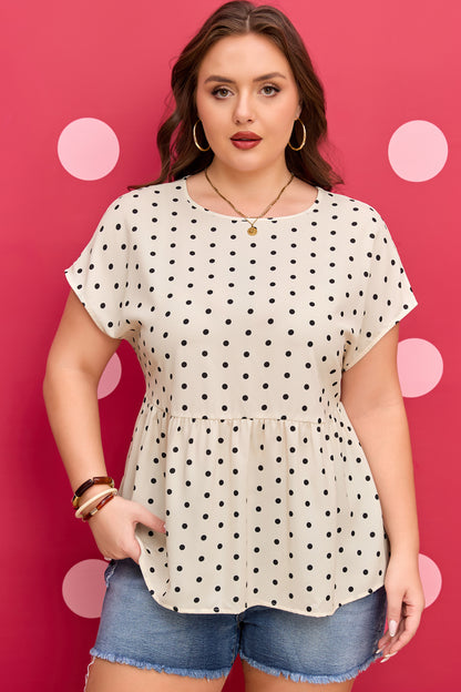 Apricot Plus Size Polka Dot Print Button Detail Short Sleeve Babydoll Blouse