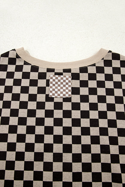 Khaki Mixed Checkered Pattern Patchwork High Low Casual Top