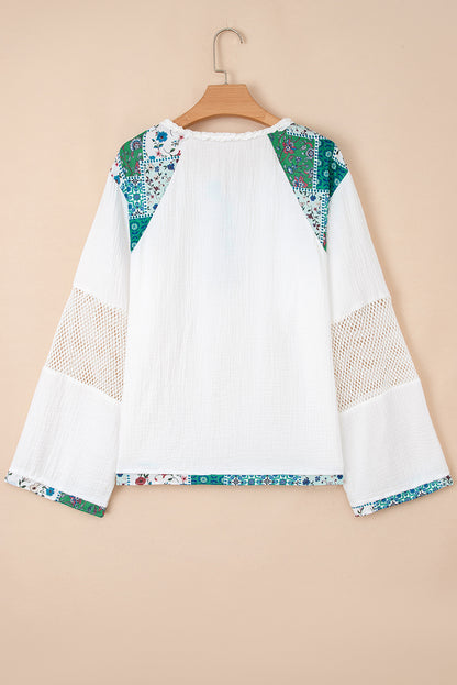 White Plant Mesh Patched Color Block Half Button Blouse