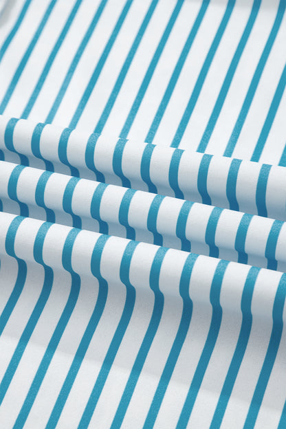 Sky Blue Stripe Contrast Leopard Patchwork Long Shirt Dress with Slits