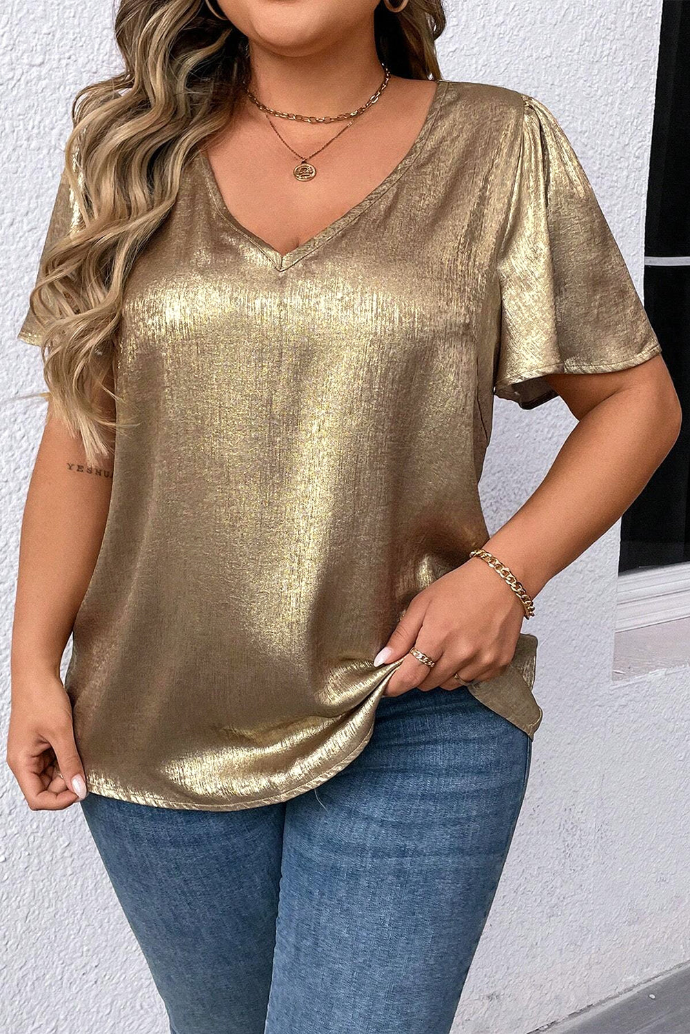 Gold Plus Size Metallic V Neck Short Sleeve Blouse