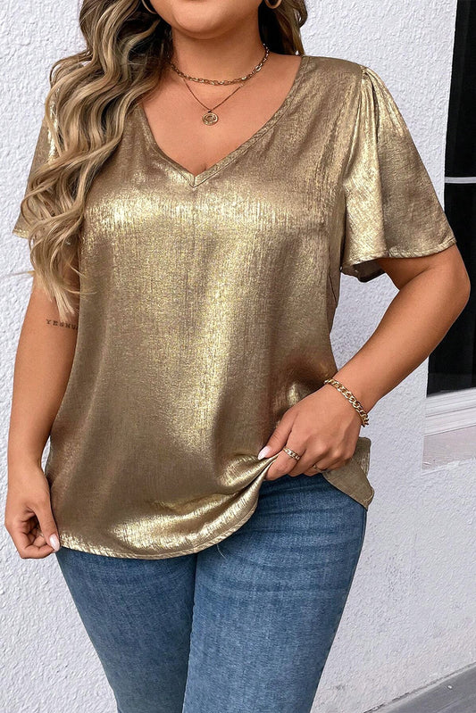 Gold Plus Size Metallic V Neck Short Sleeve Blouse