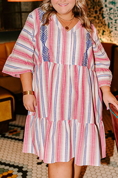 White Stripe Plus Size Embroidered Detail Flared 3/4 Sleeve V Neck Dress