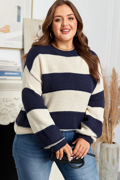 Blue Stripe Color Block PLus Size Drop Shoulder Sweater