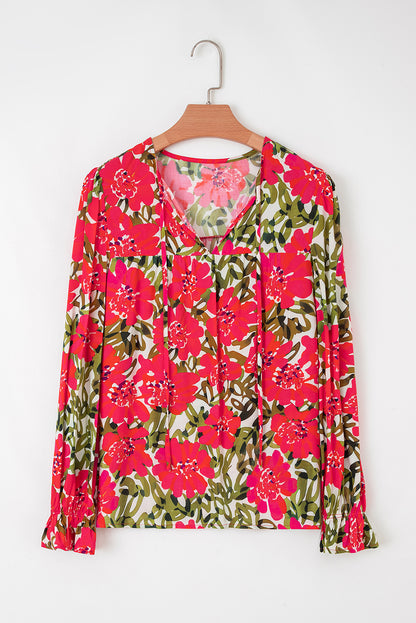 Red Floral Print Lace up V Neck Flounce Sleeve Blouse