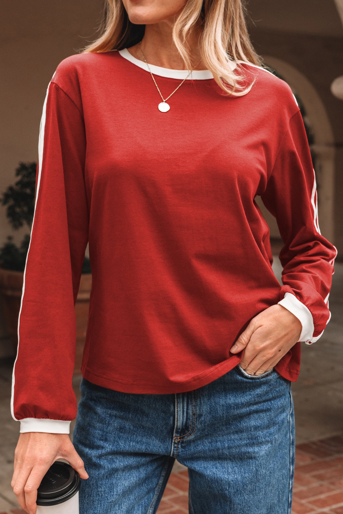 Fiery Red Varsity Striped Accent Contrast Crew Neck Long Sleeve T Shirt