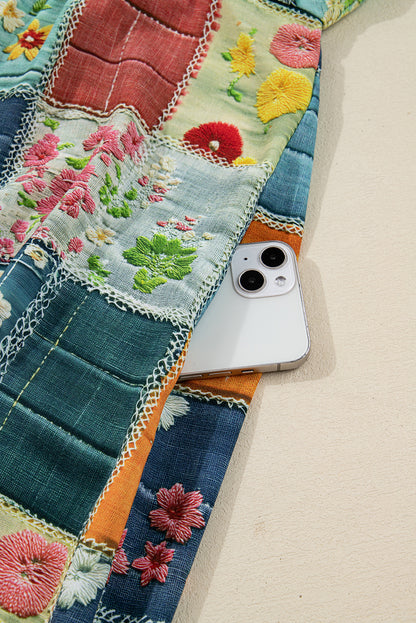 Sky Blue Mix Floral Checkered Pattern Bubble Sleeve Ruffle Hem Dress