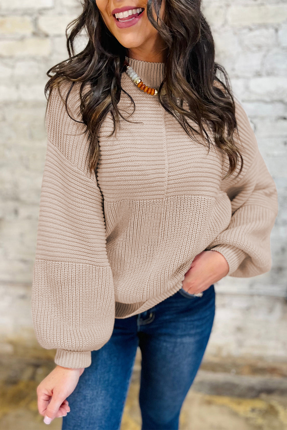 Parchment Mixed Texture Patchwork Knitted Puff Sleeve Sweater