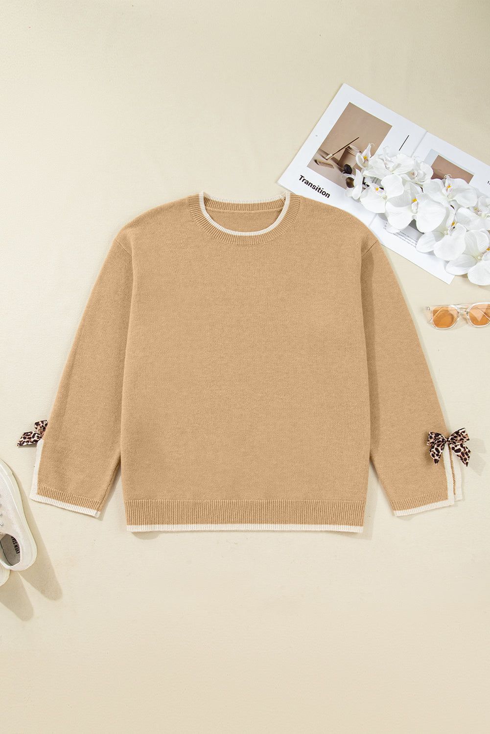 Tan Plus Size Leopard Bow Decor Split Cuffs Loose Sweater