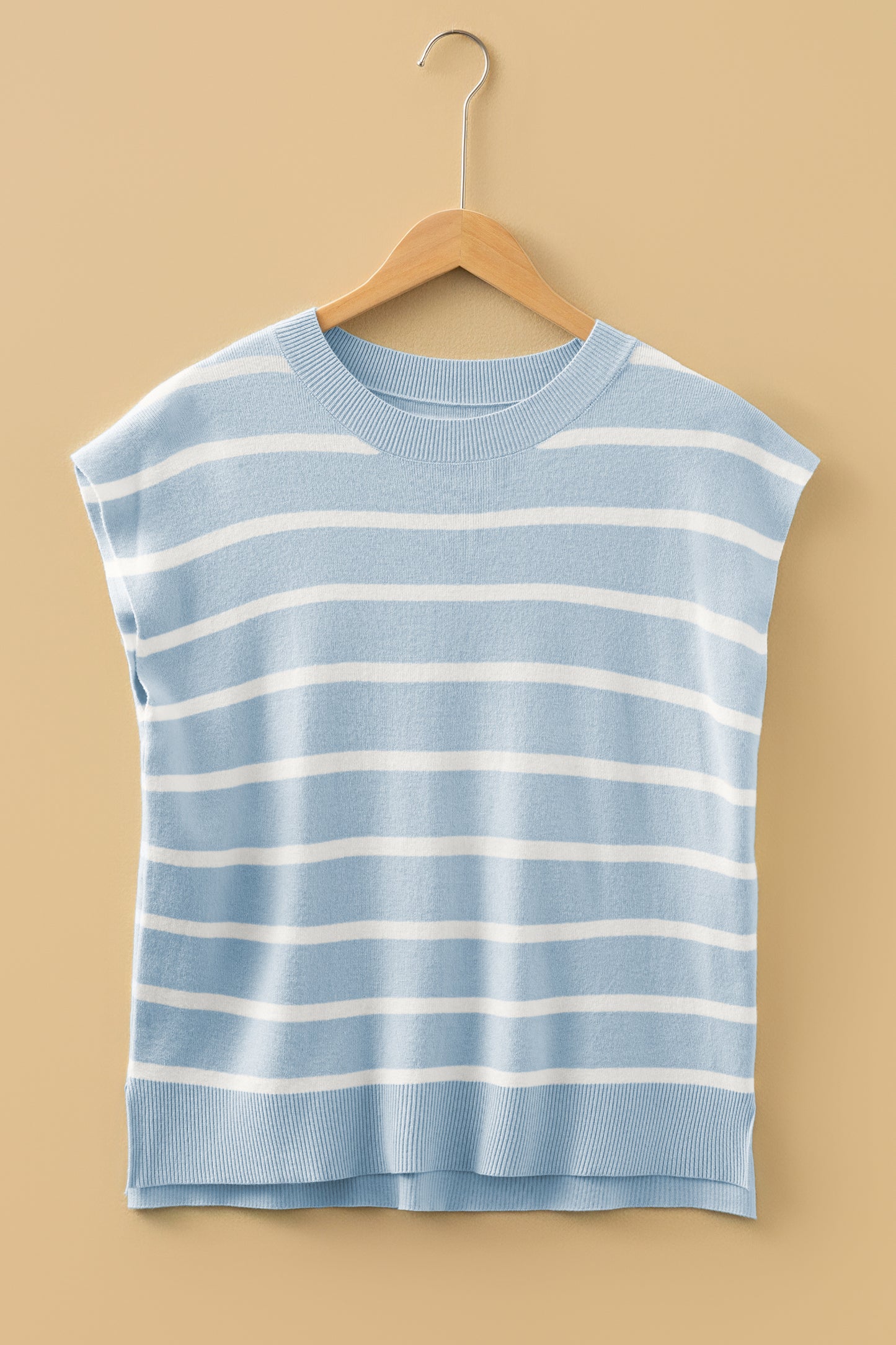 Beau Blue Side Slits Crewneck Short Sleeve Sweater Tee