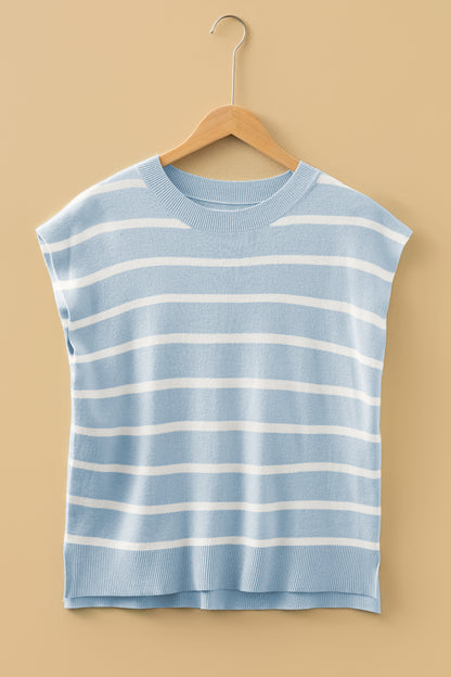 Beau Blue Side Slits Crewneck Short Sleeve Sweater Tee