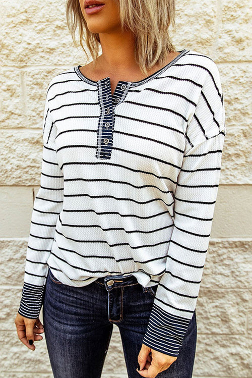 White Striped Buttoned Henley Waffle Knit Top