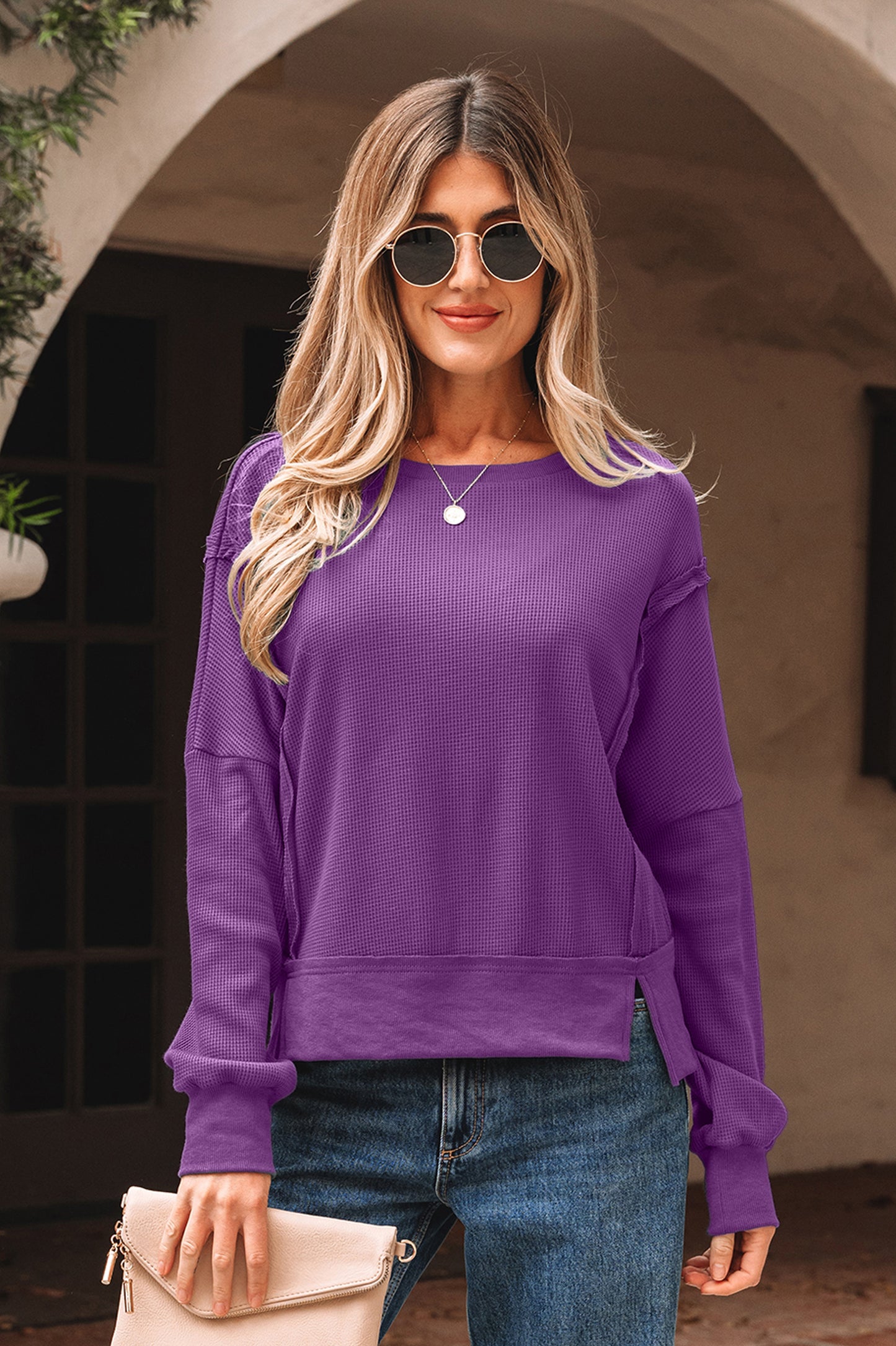 Orchid Mist Solid Color Raw Seam Patchwork Ribbed Drop Shoulder Sweatshirt